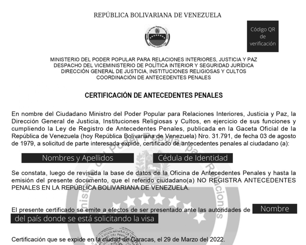 Modelo de certificado de antecedentes penales venezolanos